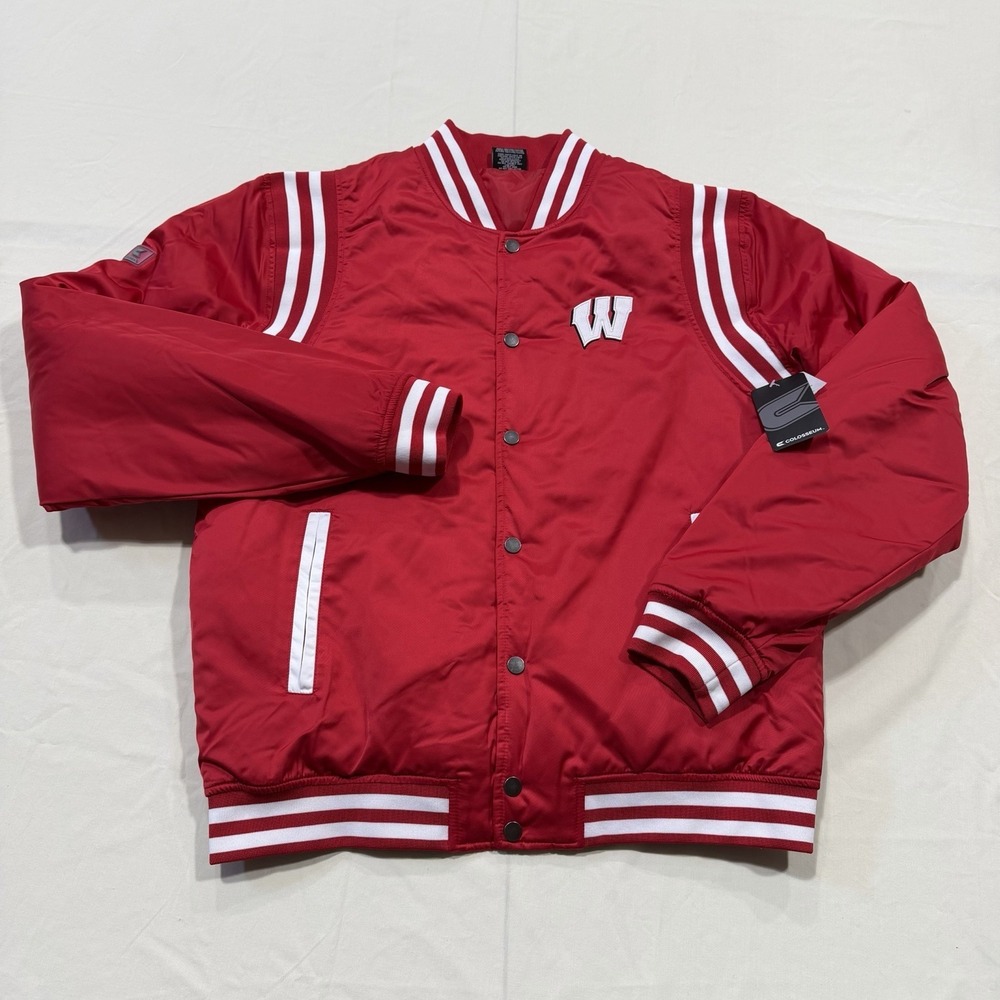 Colosseum Wisconsin Badgers Jacket‎ Mens M Red Snap Button Bomber/Varsity NWT